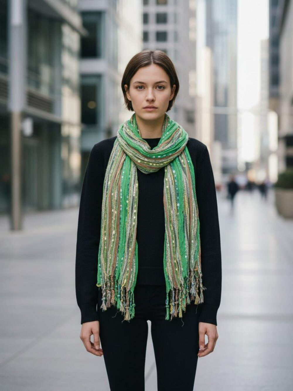 Green with Silver Threads Multicolored Background‎ Cotton Open Weave Scarf…